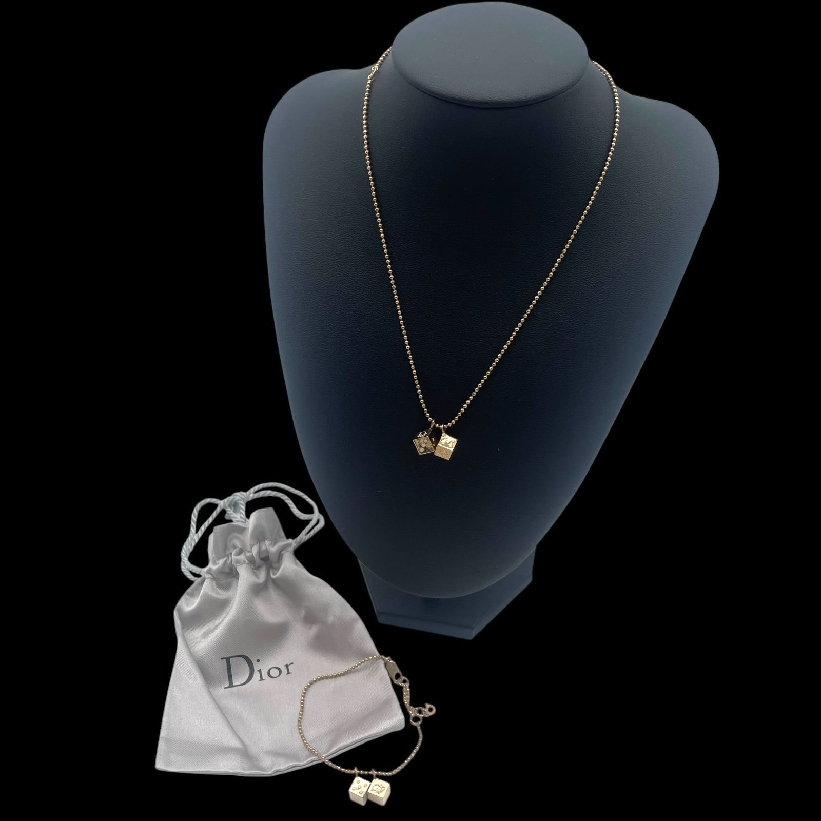 希少 Christian Dior クリスチャンディオール セット ネックレス ブレスレット サイコロ キューブ型 ゴールド ロゴ 刻印 アクセサリー ヴィンテージ 保存袋付き
