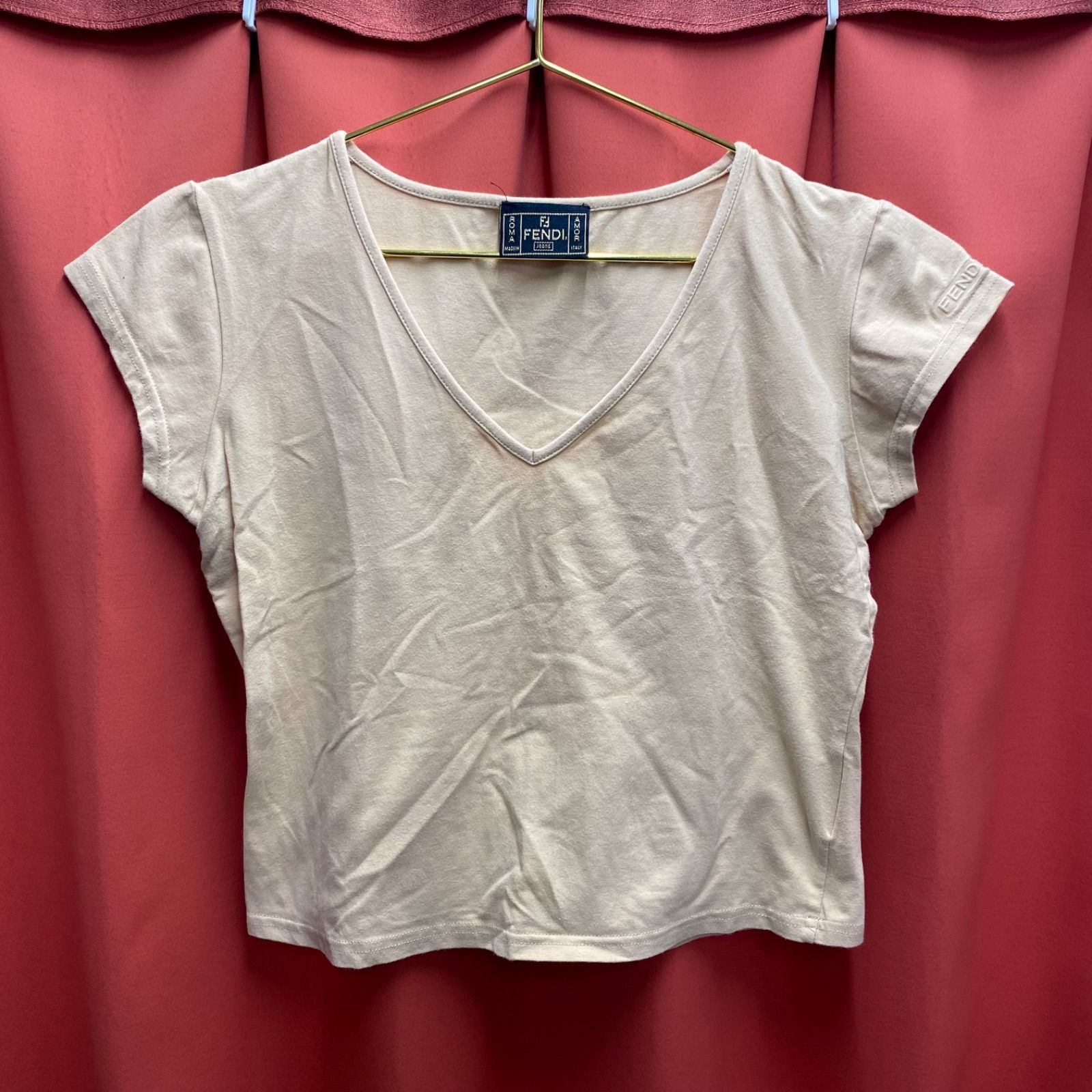 古着 FENDI JEANS フェンディ ジーンズ イタリア製 半袖 カットソー ベージュ レディース FENDI フェンディ ジーンズ シャツ Tシャツ Vネック ベージュ