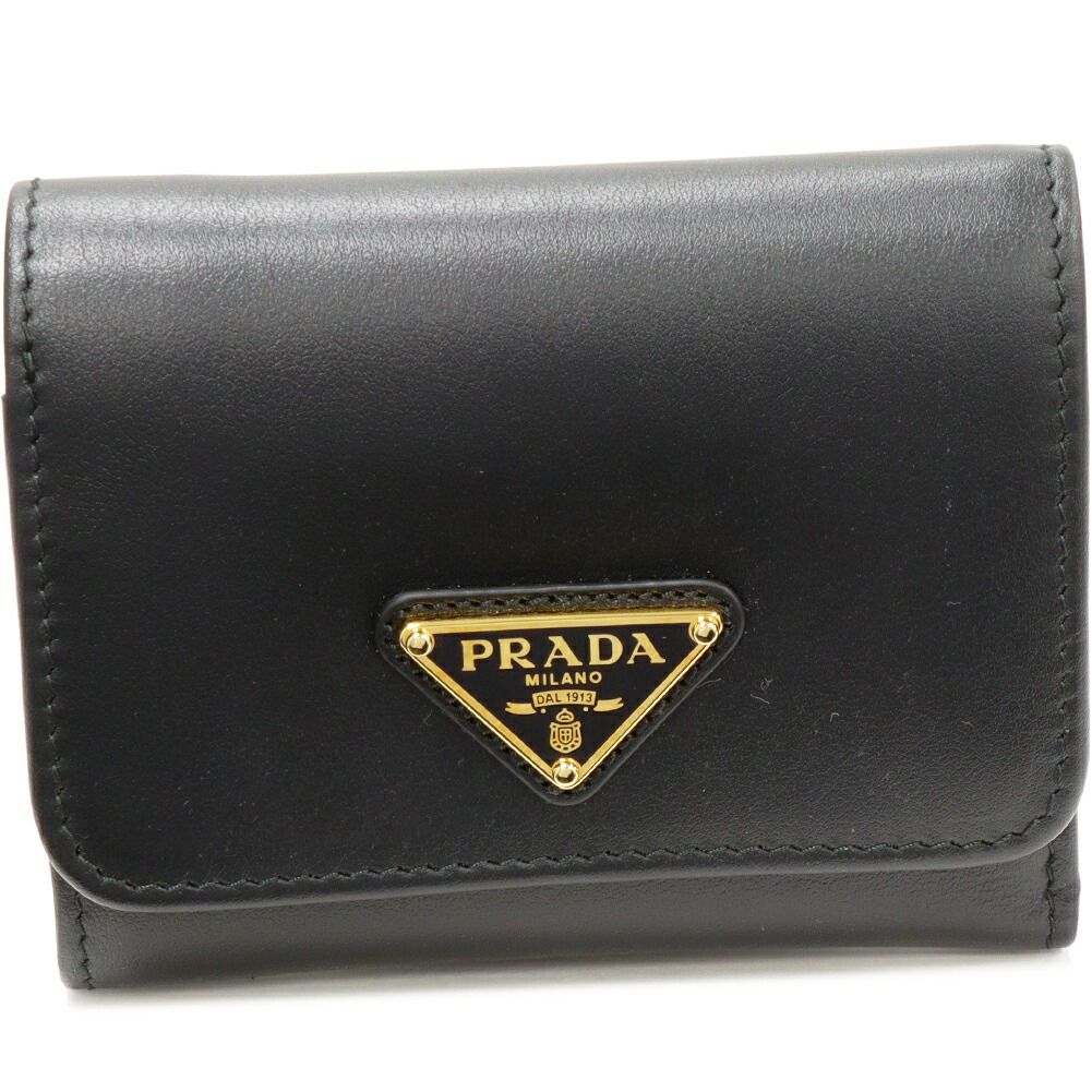 プラダ 三つ折り財布(小銭入れあり) トライアングル カーフレザー 黒 1MH043