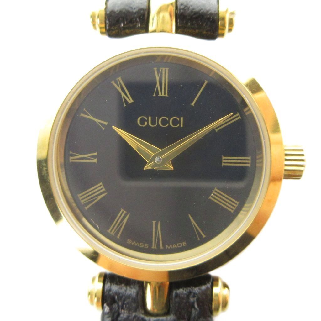 グッチ GUCCI 腕時計 ウォッチ クォーツ ローマン 黒文字盤 レザーベルト ゴールド色 ■GY18 /MQ ■OH