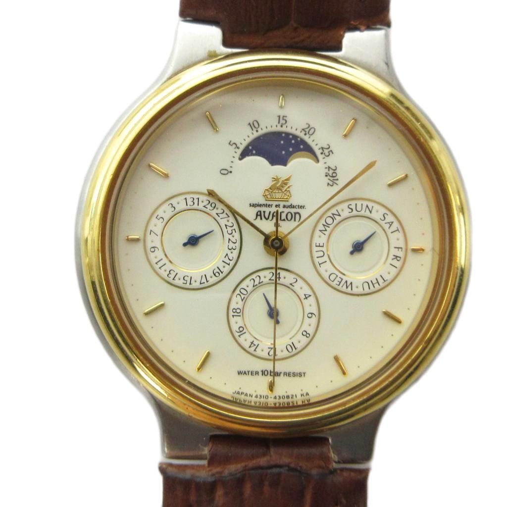 シチズン CITIZEN AVALON 4310-432444 腕時計 ウォッチ クォーツ クロノグラフ ムーンフェイズ レザーベルト ゴールド色 ■GY18 /MQ