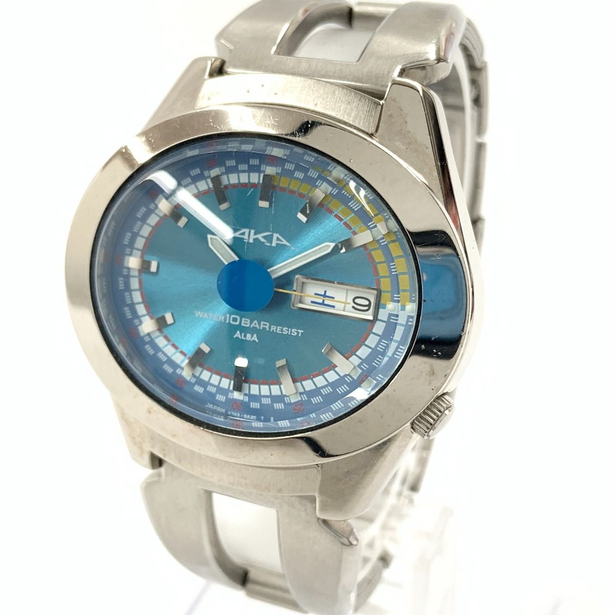 SEIKO セイコー ALBA アルバ AKA 青文字盤 デイデイト クォーツ 腕時計 V743-5A10 シルバー x ブルー