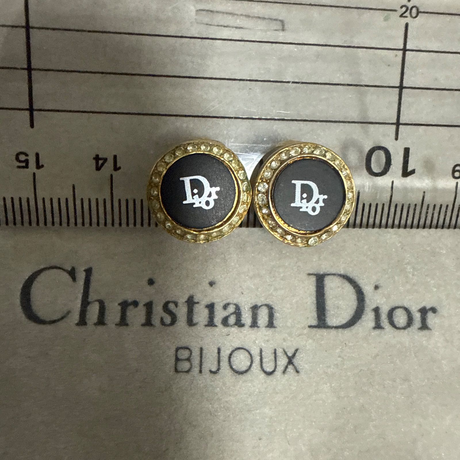 Christian Dior クリスチャンディオール　ラインストーン付き Diorロゴラウンドイヤリング　ゴールド/ブラック　ビンテージ