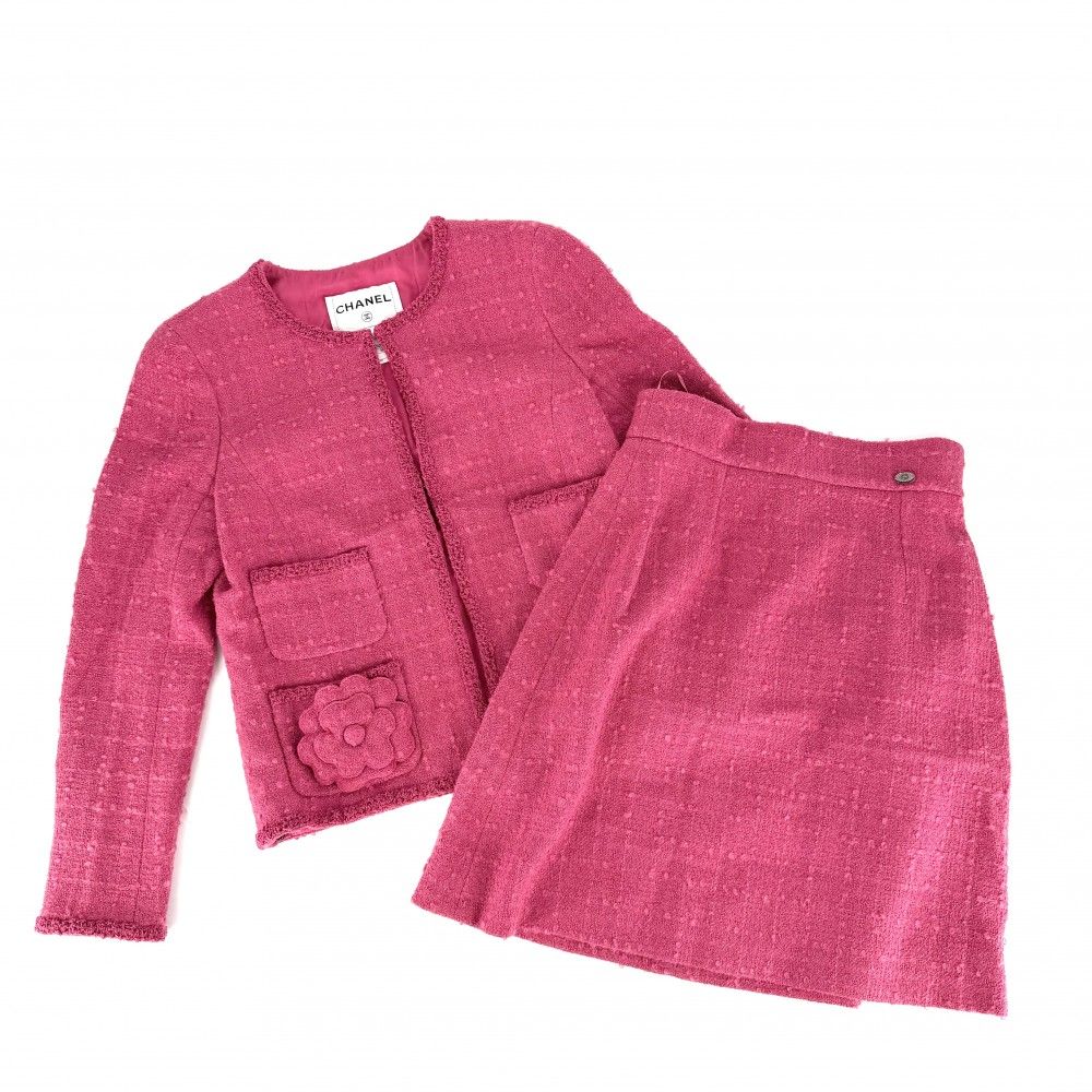 シャネル セットアップ レディース ノーカラージャケット スカート ココマーク アパレル 服 CHANEL ピンク シルバー金具 ウール ナイロン モヘア 春 秋【中古品】
