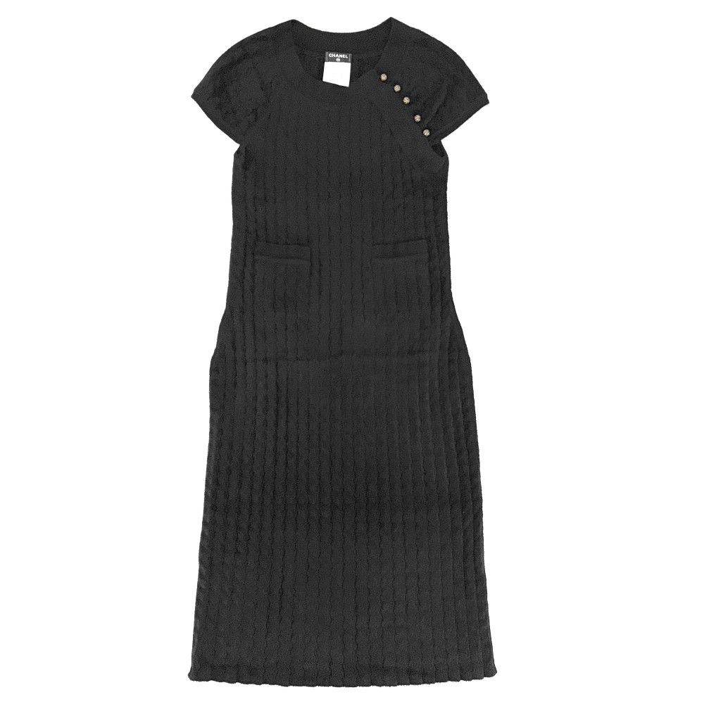 シャネル ワンピース レディース ベロア 半袖 ココボタン ヴィンテージ アパレル 服 CHANEL 38 ブラック 黒 ゴールド金具 レーヨン ナイロン 春 秋 美品【中古品】