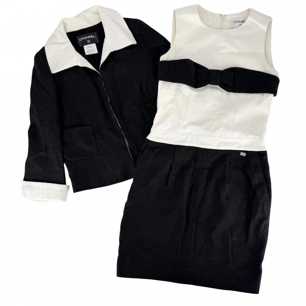 シャネル セットアップ レディース ツイード バイカラー ジャケット ノースリーブワンピース アパレル 服 CHANEL 38 ブラック 黒 ホワイト 白 シルバー金具 リネン コットン ウール ナイロン 春 秋【中古品】