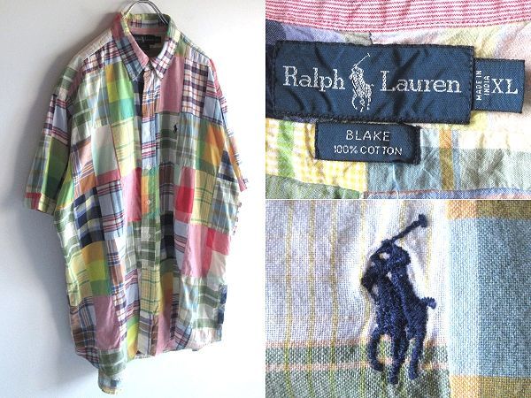 希少 90sビンテージ Ralph Lauren ラルフローレン BLAKE ロゴ刺繍 半袖 クレイジーパッチワーク BDシャツ XL マルチ 大きいサイズ USA企画