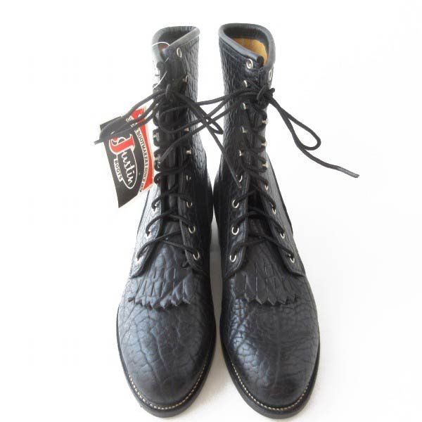 新品 USA製 Justin ジャスティン シボ革 編み上げ ブーツ 黒 8.5EE