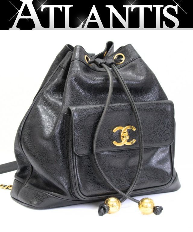CHANEL シャネル ヴィンテージ 巾着 バックパック リュックサック キャビア 黒 G金具 【74706】