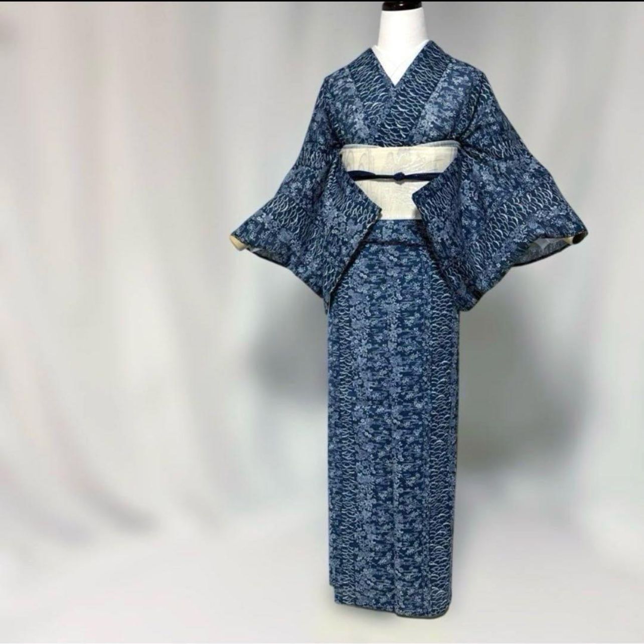 上品藍色 絽 江戸小紋 フルセット 夏帯付 洗える着物 シルクタッチ 美