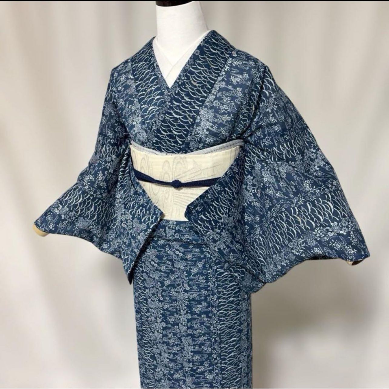 上品藍色 絽 江戸小紋 フルセット 夏帯付 洗える着物 シルクタッチ 美 