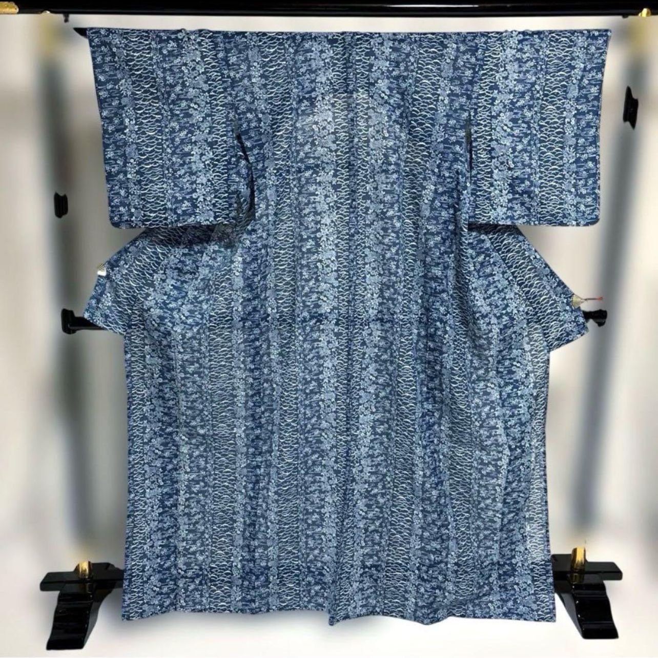 夏江戸小紋　呂縮緬　藍濃淡　更紗　L178 上品藍色 絽 江戸小紋 フルセット 夏帯付 洗える着物 シルクタッチ 美