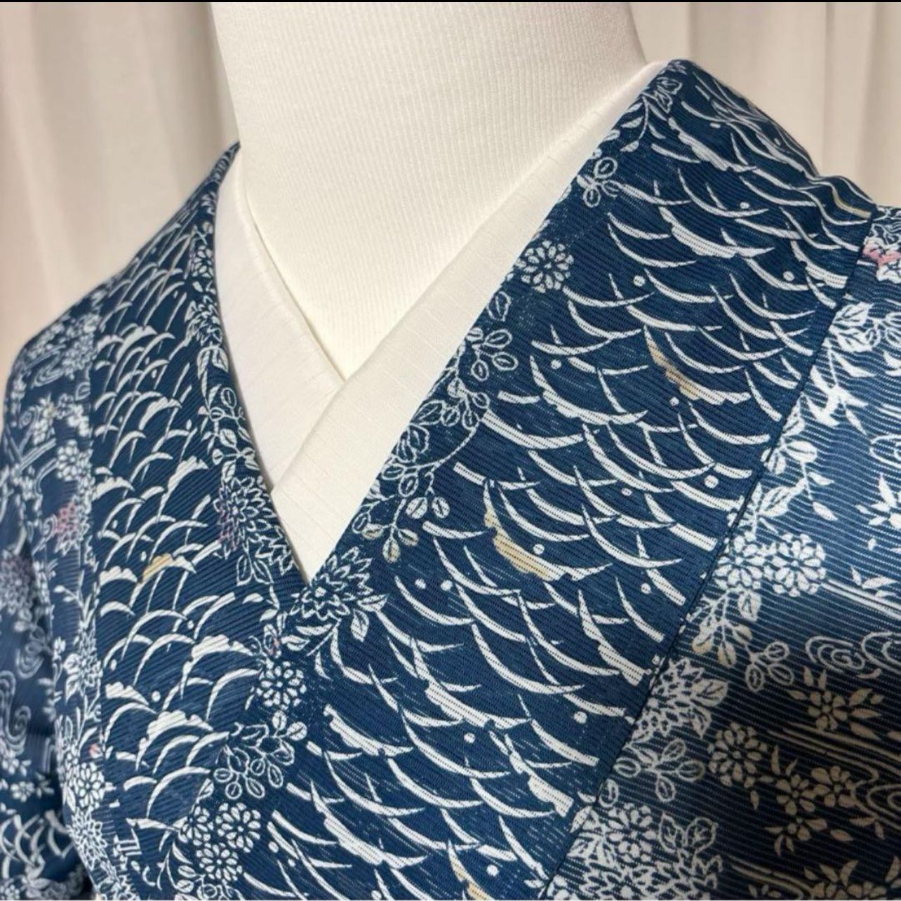 夏江戸小紋　呂縮緬　藍濃淡　更紗　L178 上品藍色 絽 江戸小紋 フルセット 夏帯付 洗える着物 シルクタッチ 美