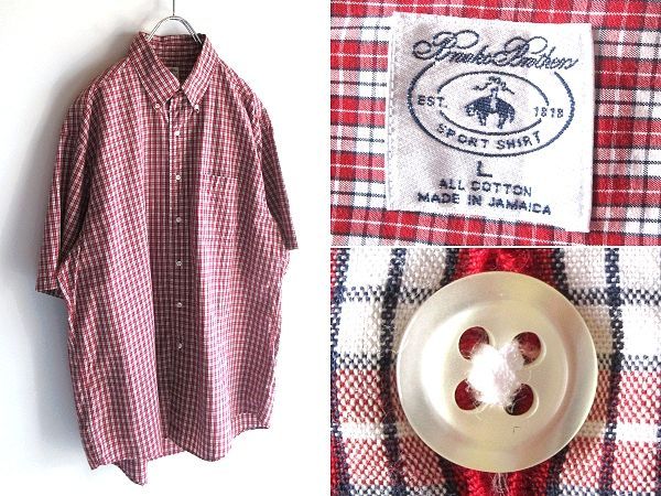 希少 90sビンテージ Brooks Brothers ブルックスブラザーズ コットン 半袖 チェックシャツ BDシャツ L 赤白 ジャマイカ製 USA企画