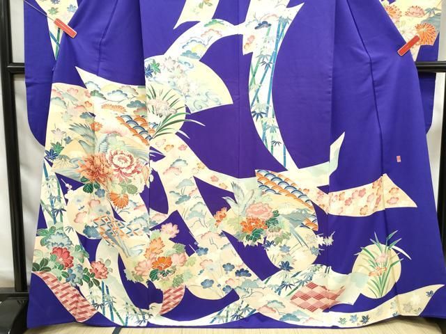 平和屋着物●豪華振袖　型染め　流水花鳥文　正絹　逸品　DABB0696ud 平和屋着物□豪華振袖 作家物 鬘帯花鳥文 松竹梅 金彩 正絹 逸品