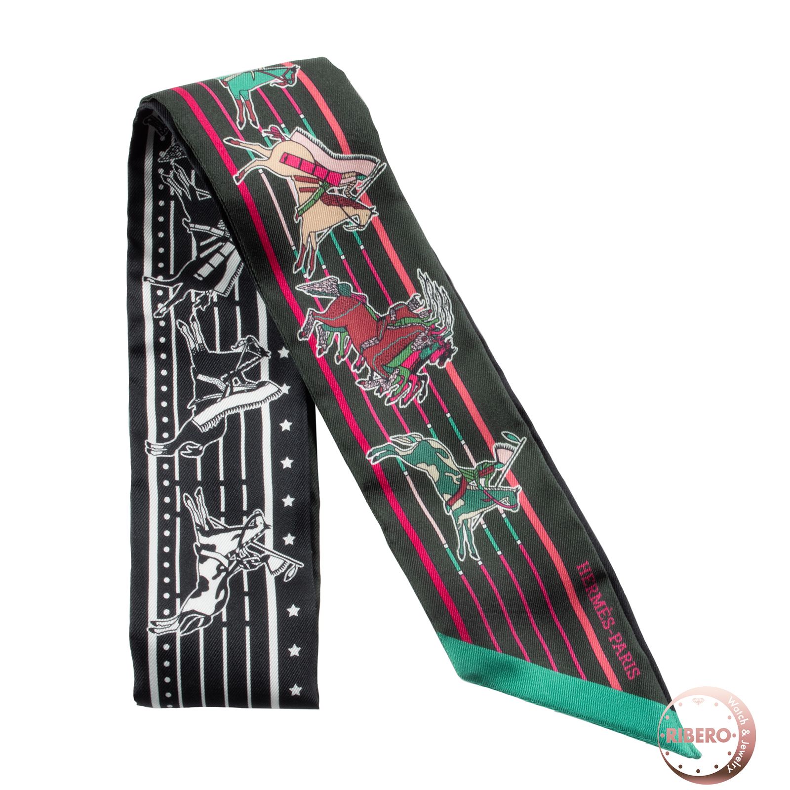 HERMES エルメス ツイリー Pani La Shar Pawnee パウニー族の首長 063587S 05 スカーフ 2020AW シルク ブラック グリーン【中古】