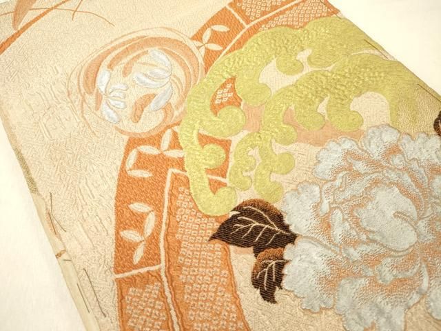 平和屋着物●全通柄袋帯　薔薇　正絹　逸品　DABB4644ps 平和屋着物◎アンティーク 大正ロマン 両面 全通柄 京袋帯 立波牡丹文