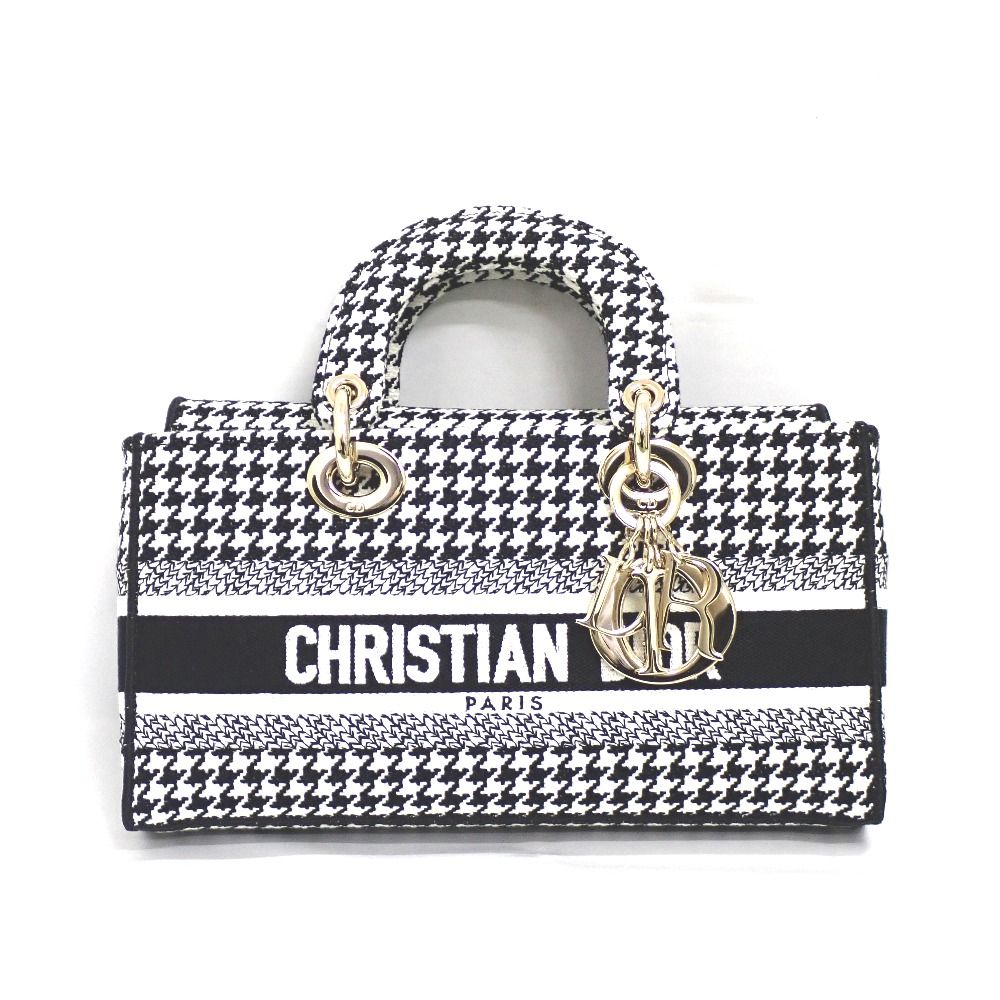 NA15331 クリスチャンディオール ハンドバッグ Lady D-Joy ミディアム 千鳥柄 ホワイト×ブラック レディース Christian Dior 中古