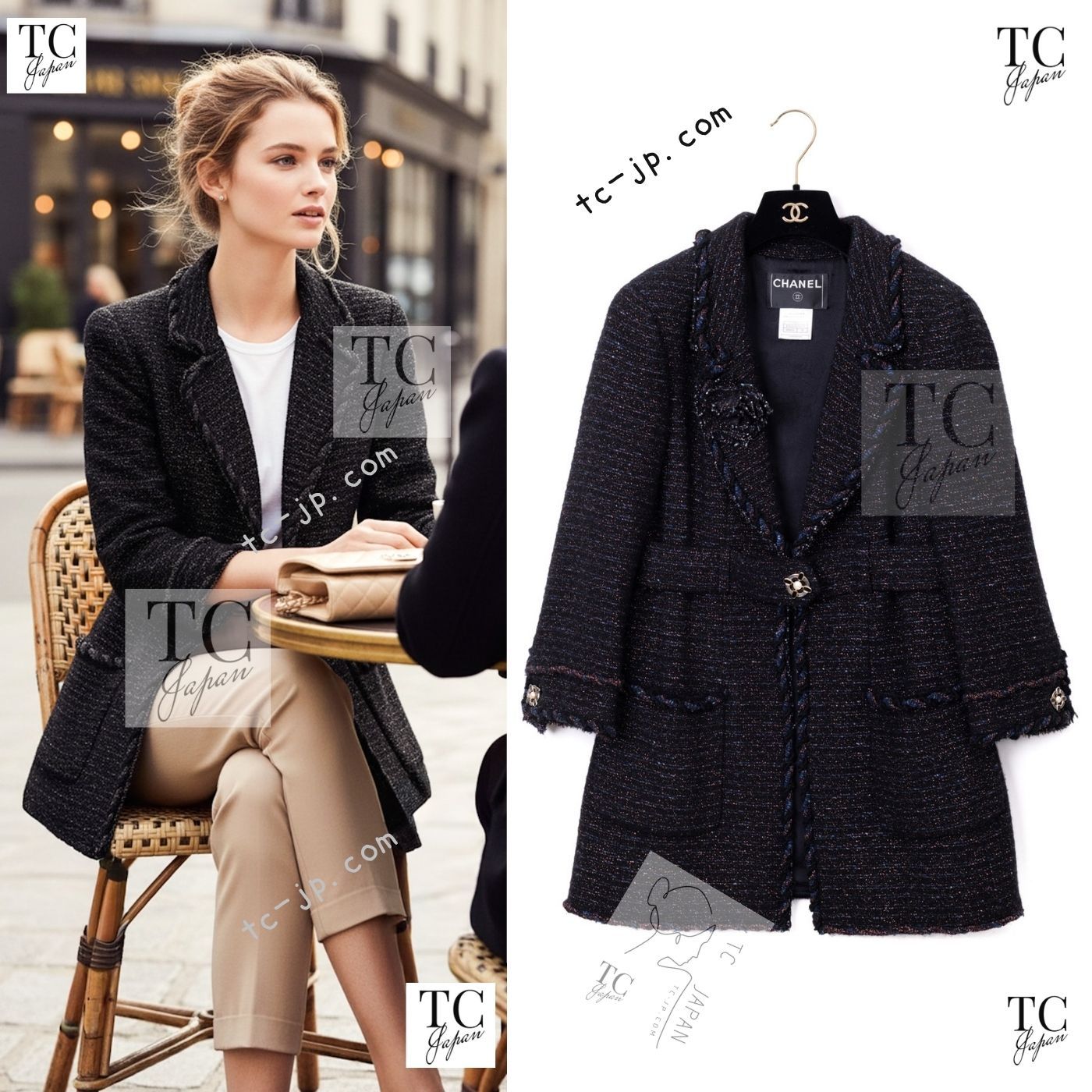 シャネル ジャケット コート CHANEL ブラック ブルー メタリック 