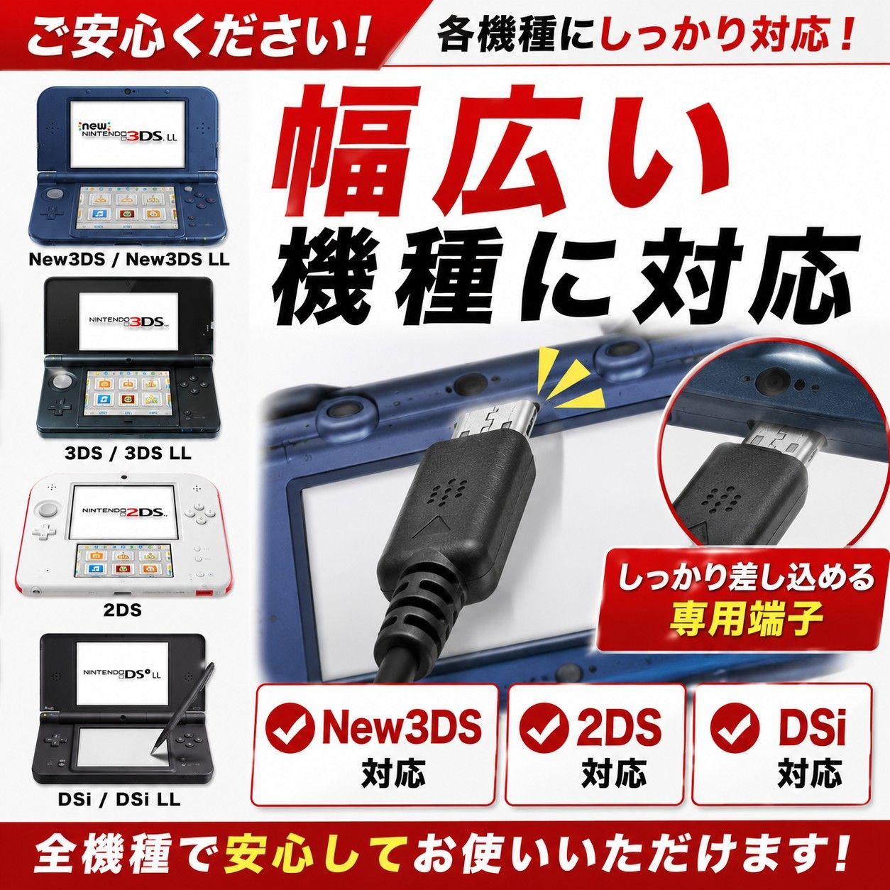 任天堂 3DS 2DS USB 充電器 充電ケーブル 2本 セット 急速充電 高耐久