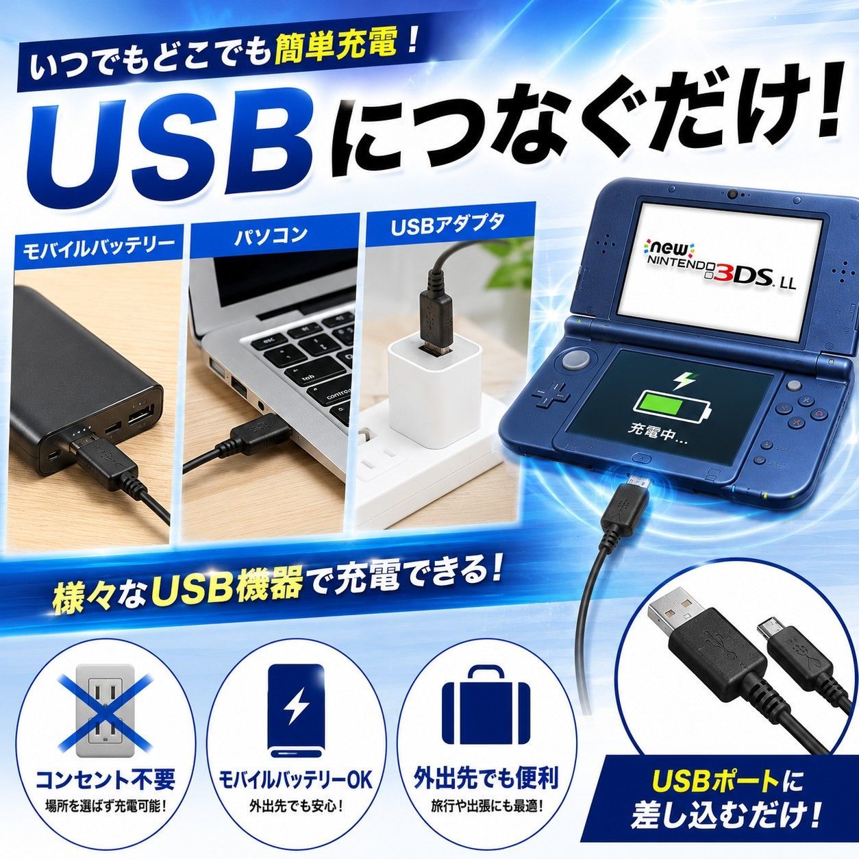 任天堂 3DS 2DS USB 充電器 充電ケーブル 2本 セット 急速充電 高耐久