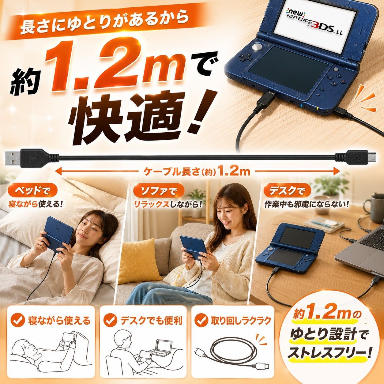 任天堂 3DS 2DS USB 充電器 充電ケーブル 2本 セット 急速充電 高耐久