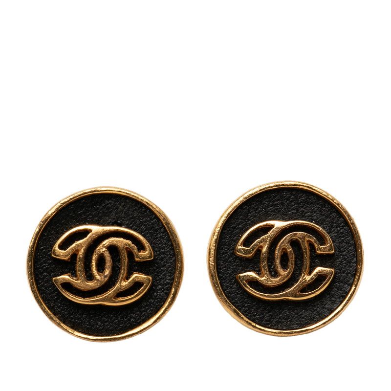 シャネル ココマーク ラウンド スタッドピアス 03P刻印 ゴールド ブラック メッキ レザー レディース CHANEL【1-0268694】