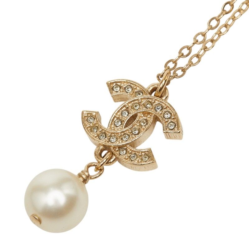 シャネル ココマーク ラインストーン ネックレス シャンパンゴールド メッキ フェイクパール レディース CHANEL【228-71692】
