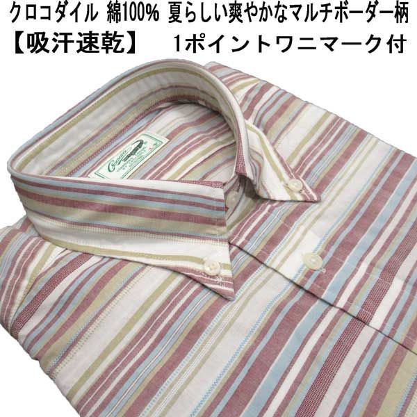 夏 クロコダイル 半袖シャツ ボタンダウンシャツ 綿 1ポイントクロコダイルマーク付 マルチボーダー柄 白 ワイン サックス ベージュ【M】【L】【LL】