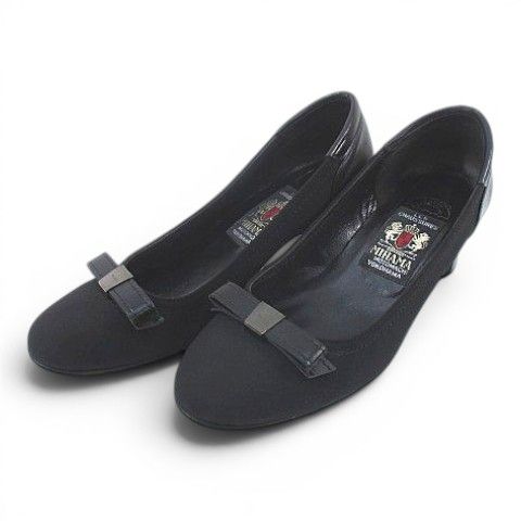ミハマ MIHAMA パンプス リボン ブラック 黒 23.5㎝ コンビ 布 レザー 日本製