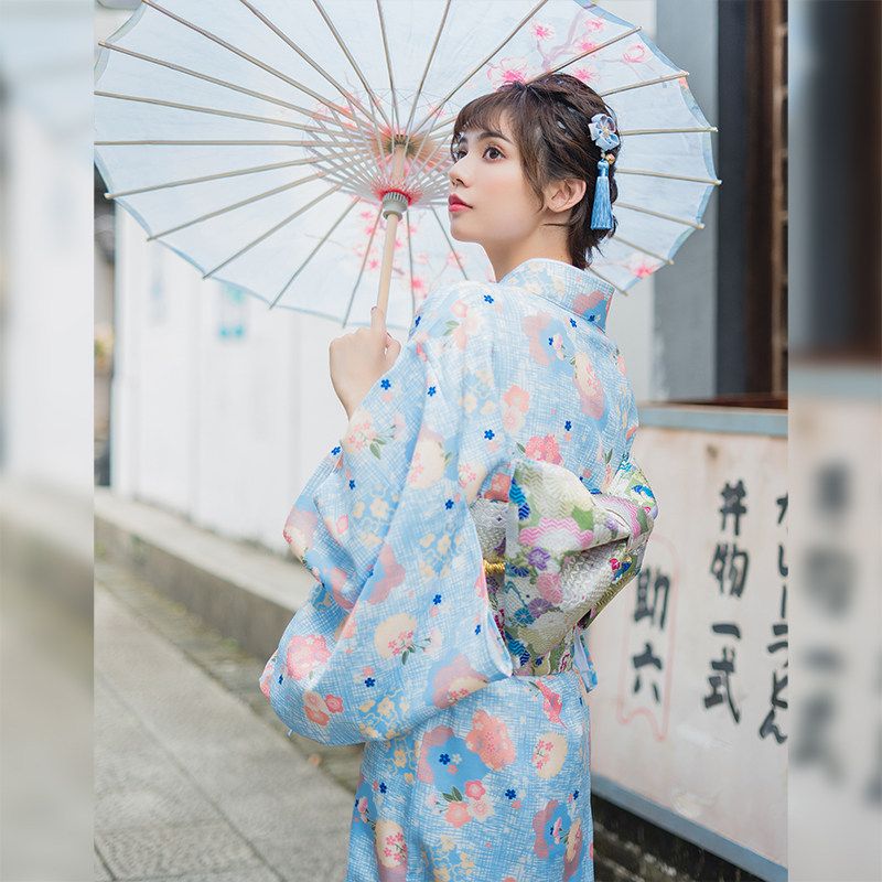 浴衣 ワンピース 水色 花柄 改良型 大人可愛い 清楚 SNSで話題 帯・インナーなし