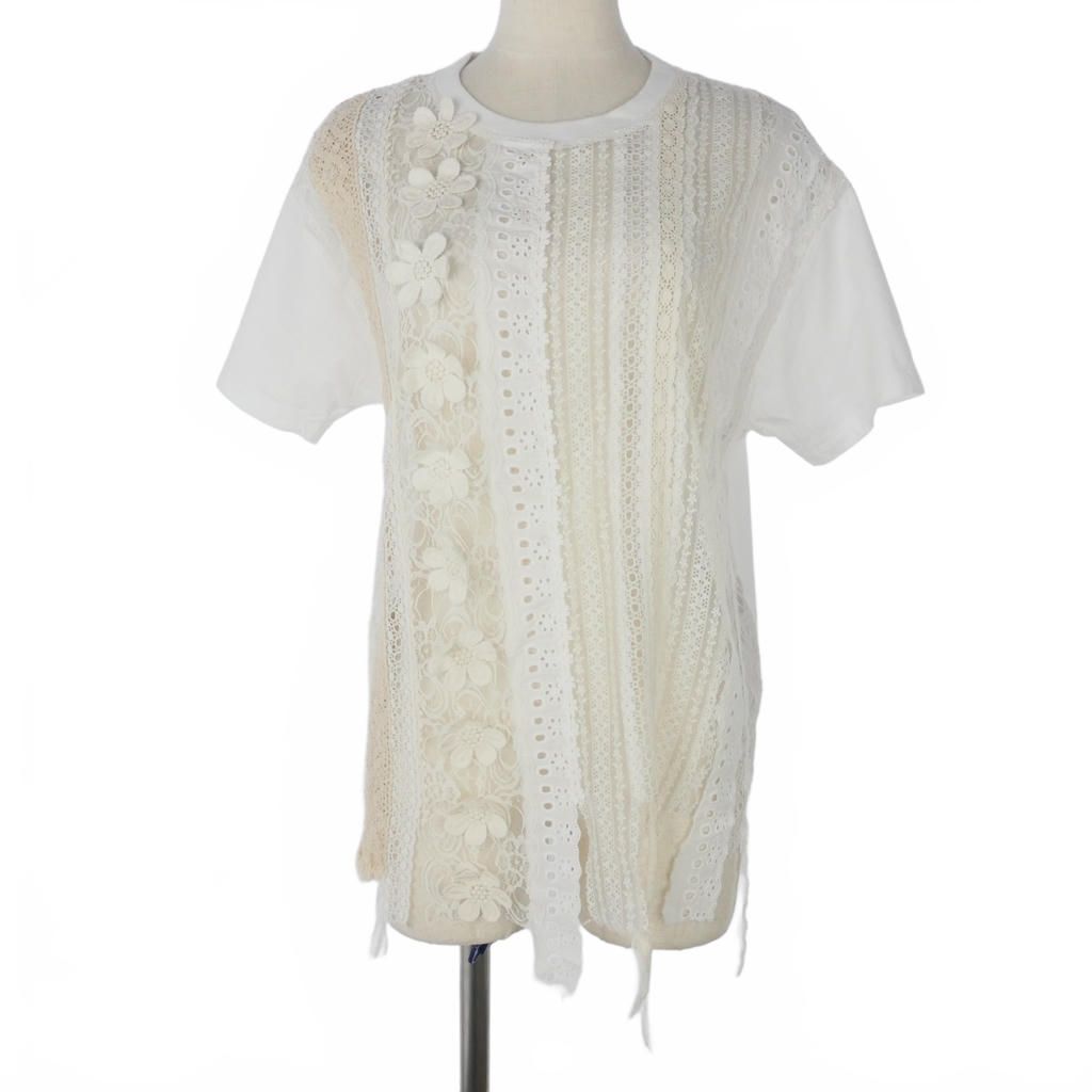 セミクチュール SEMI COUTURE Tシャツ カットソー レース 花モチーフ 半袖 丸首 XS 白 ホワイト