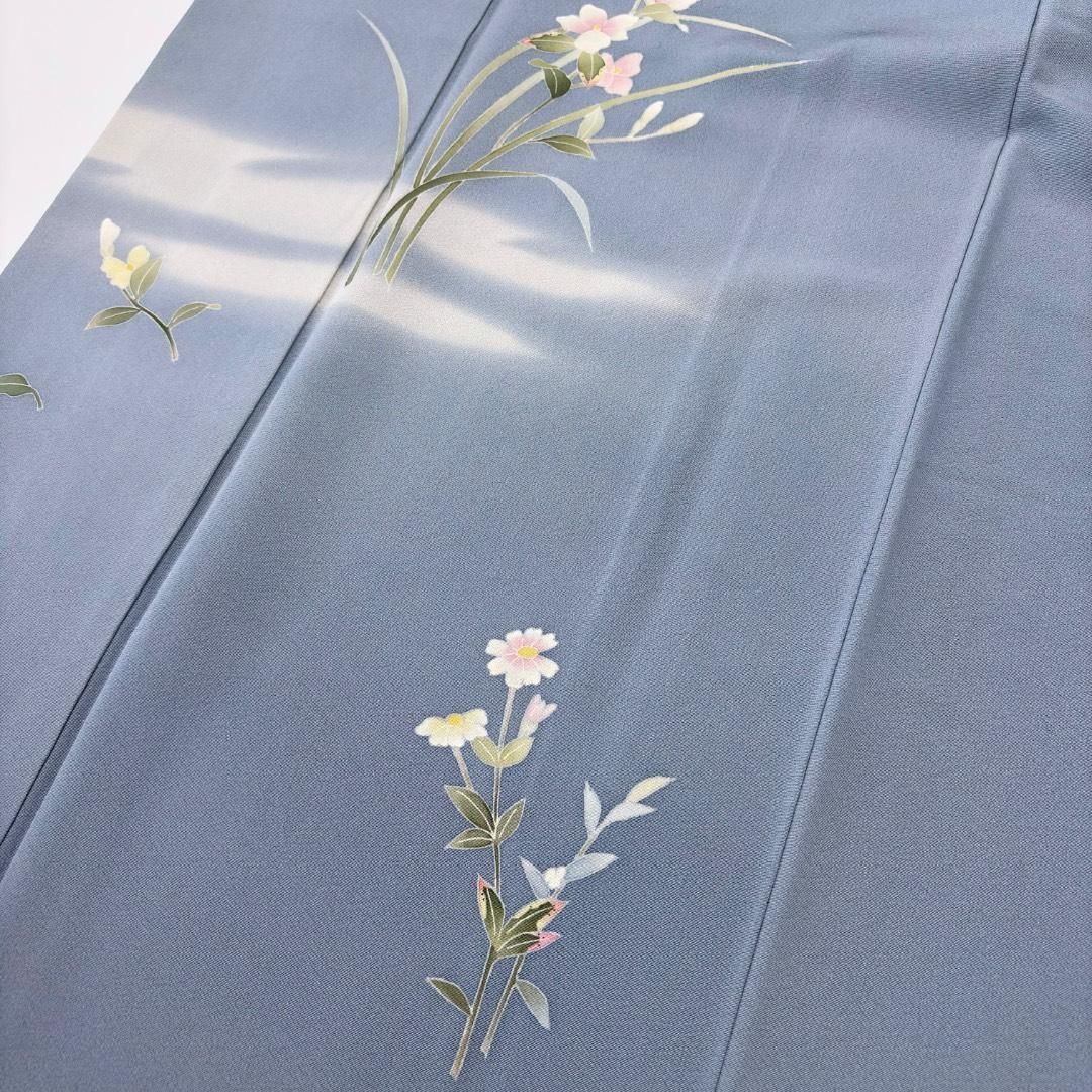 付下げ 本加賀友禅 南克治 暈しに花模様 ガード加工 青袋鼠色 K-5956 