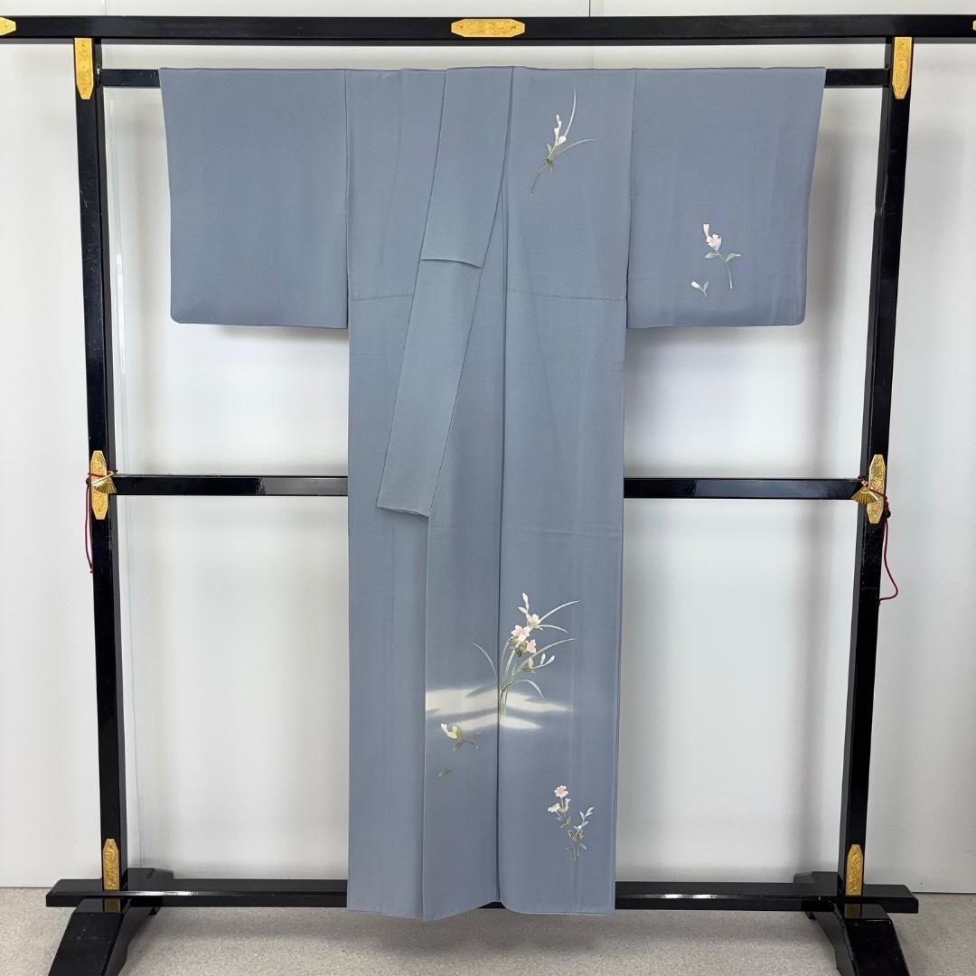 付下げ 本加賀友禅 南克治 暈しに花模様 ガード加工 青袋鼠色 K-5956 