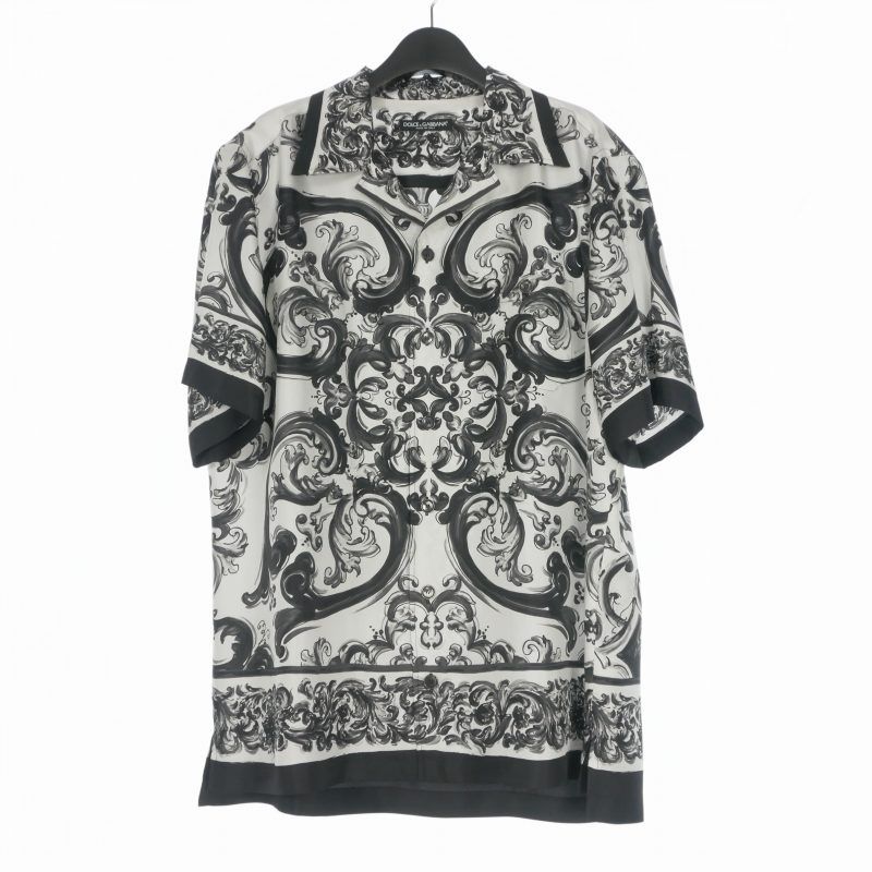 ドルチェ&ガッバーナ ドルガバ DOLCE&GABBANA マヨリカプリント シルクツイル アロハシャツ 半袖 40 ホワイト/ブラック G5JH9T/HI1S6 国内正規