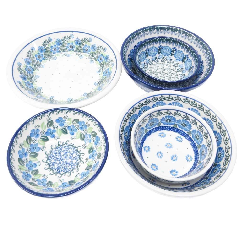 ポーリッシュポタリー Polish Pottery ポーランド食器 プレート ボウル 中皿 中鉢 小鉢 6点セット まとめ 花柄 白 青 ホワイト ブルー 系 0511