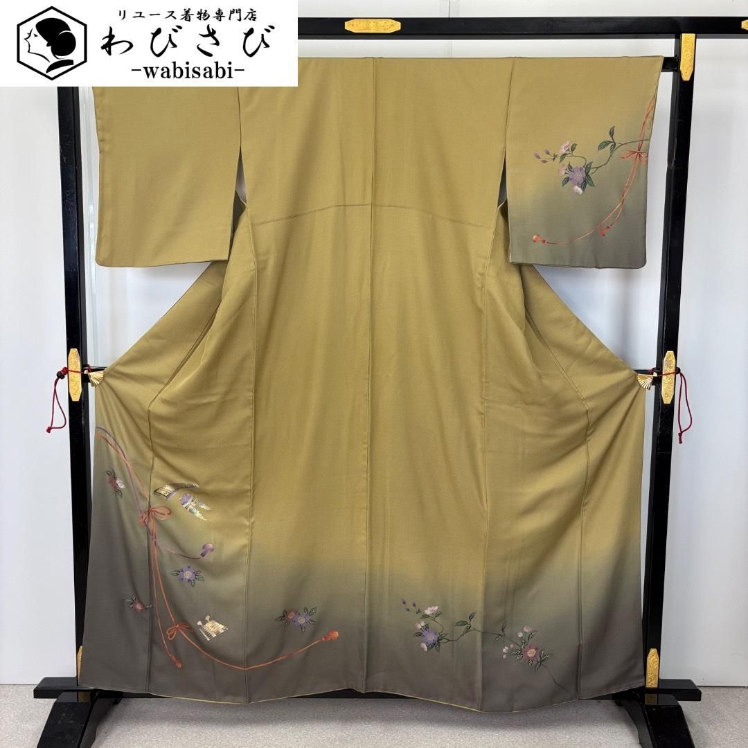 訪問着 和楽器に組紐 暈し 花模様 金彩 市紅茶色 K-5953
