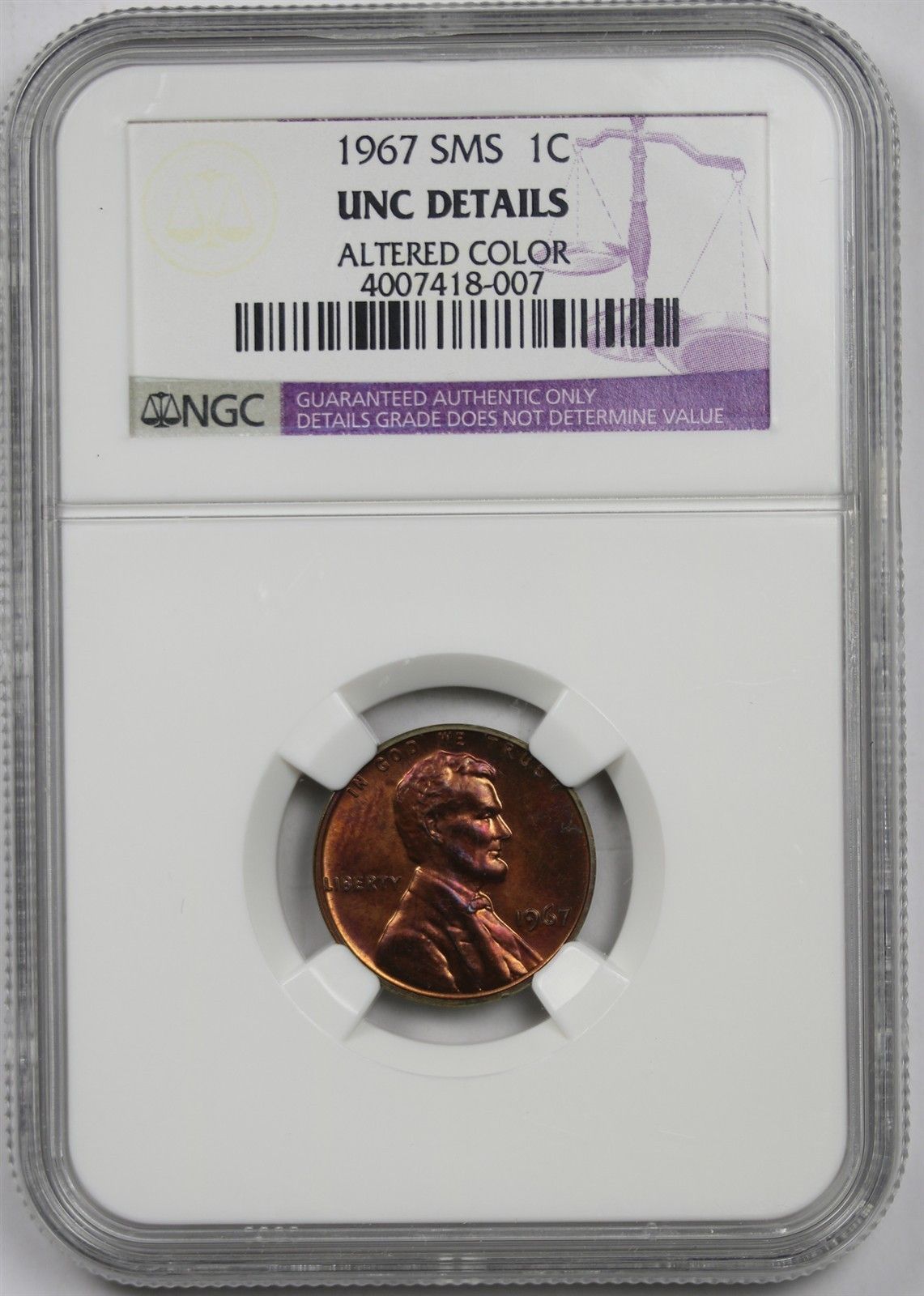 1967 SMS 1C NGC UNC Details (Altered Color) Lincoln Memorial Penny