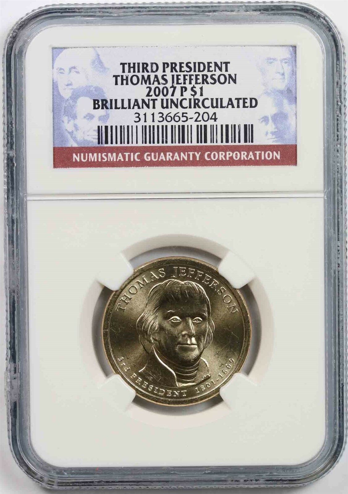 2007-P Thomas Jefferson $1 NGC Brilliant Unc Presidential Dollar
