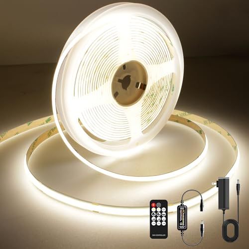 AXMOTUT COB LEDテープライト5m 24V 温白色 4000K 高輝度 調光可能 高密度 フレキシブル LEDテープライト 付きRF リモートおよび PSE認証電源 切断可能 取付簡単 工具不要 非防水 店舗 室内 ホーム装飾用 5bcace98