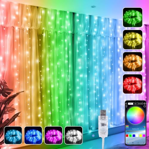 LED イルミネーションライト カーテンライト 1600 万色フェアリーライト 3×3m 300 個LEDs クリスマスライト USB 給電 窓飾 IP65 防水仕様 アプリケーションとリモコン付き210 の点滅モード 音楽と同期して led d92192b3
