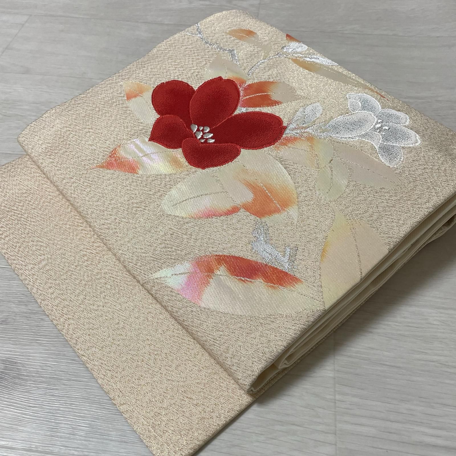 名古屋帯 金彩 鮮やかな花模様 九寸 正絹 着物 X-1758