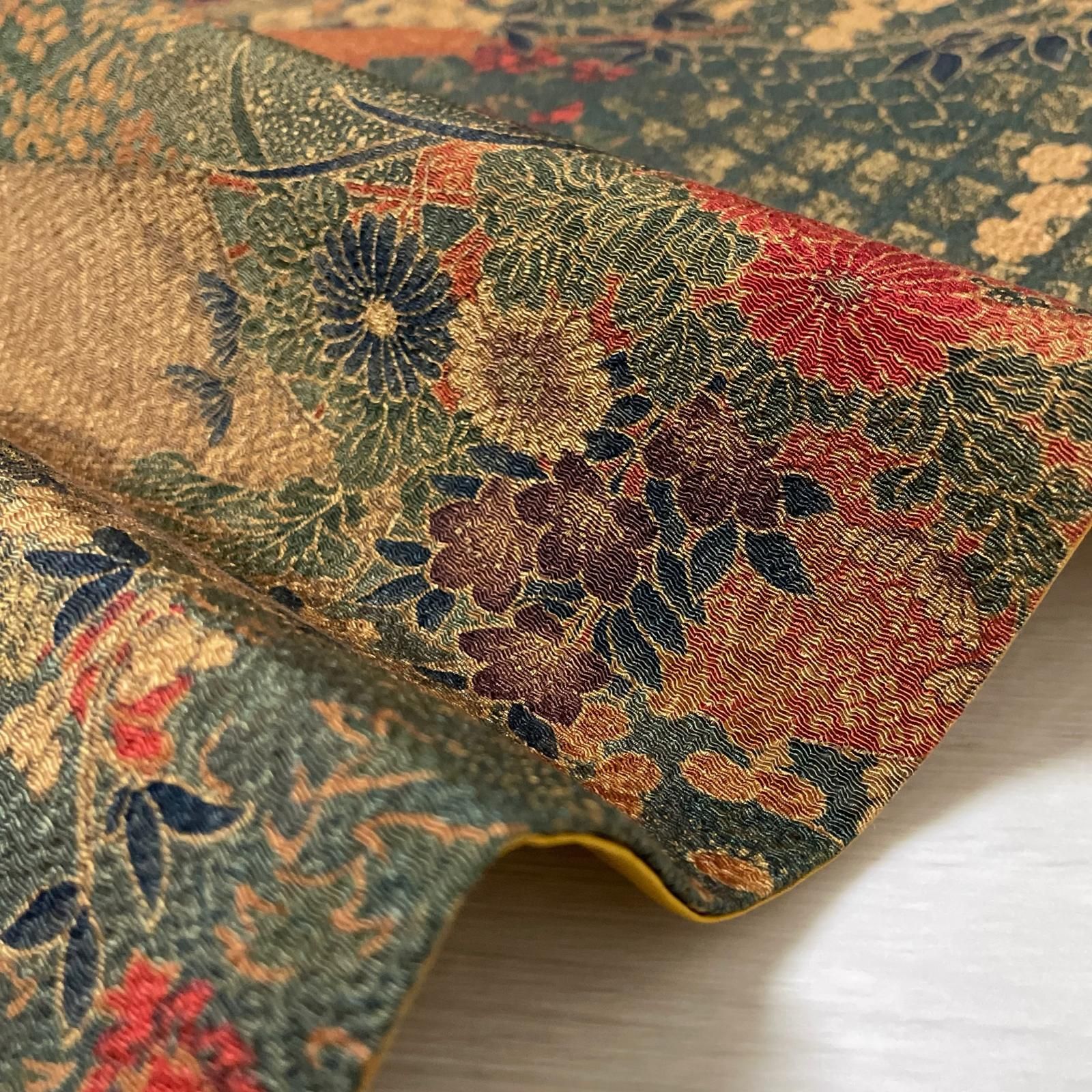 名古屋帯 ちりめん 全通 美しい花模様 扇子 九寸 正絹 着物 X-1759