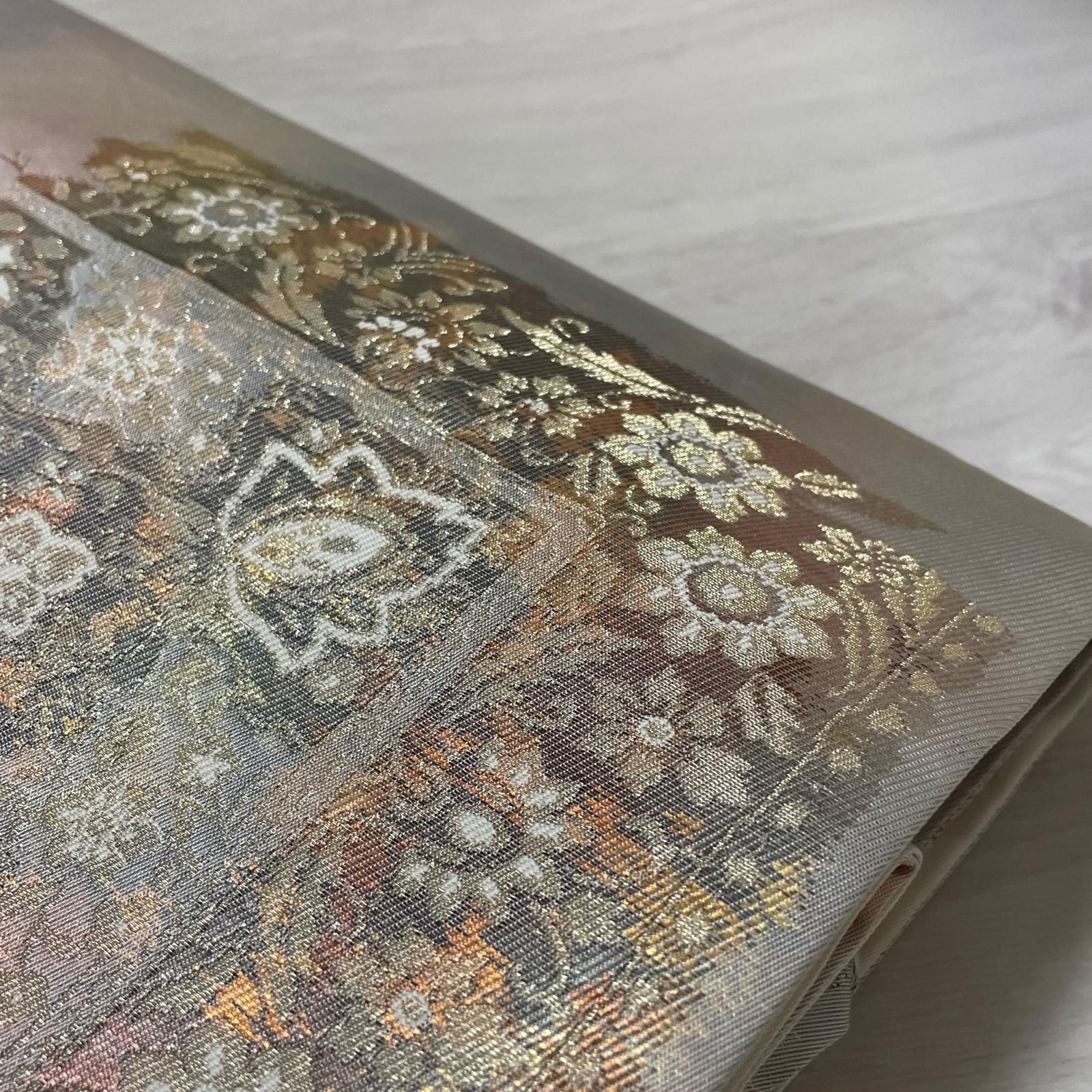 名古屋帯 引き箔 美しい花唐草 九寸 正絹 着物 X-1772