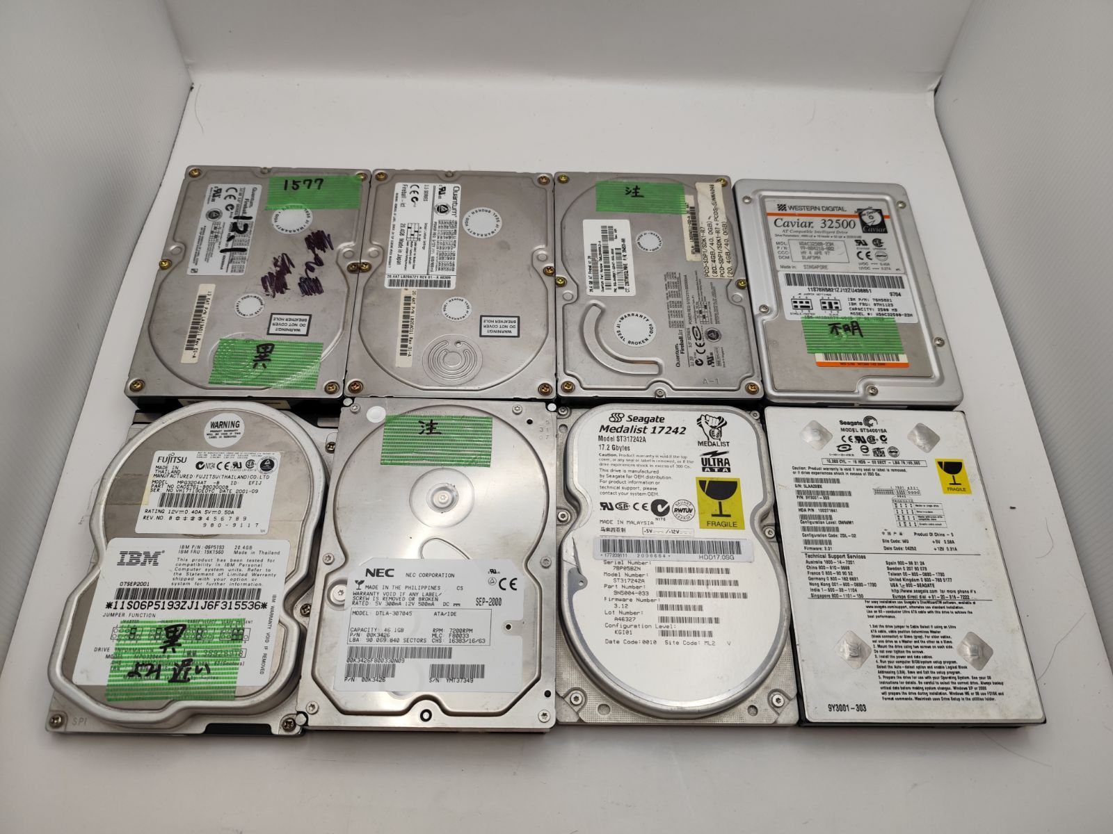 y1577 8個セット 中古HDD 3.5 IDE ATA 正常、注意、異常判定 30GB～40GB Quantum fireball WD seagate IBM FUJITSU
