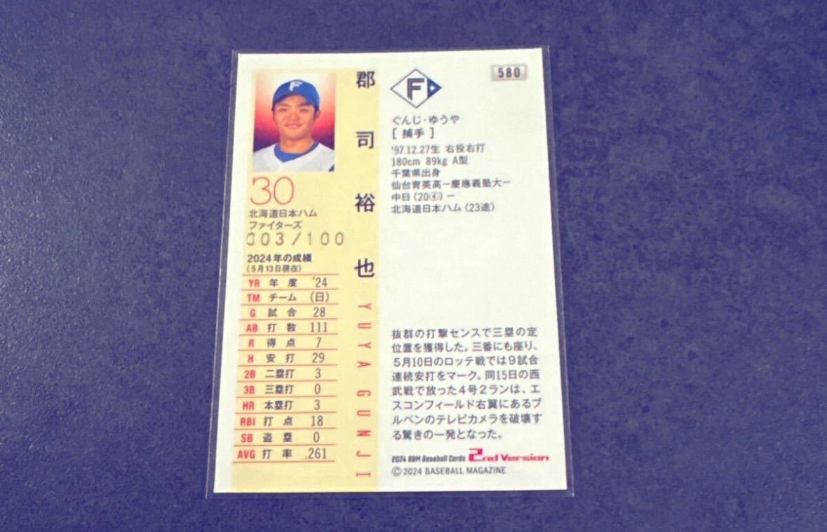 N 郡司裕也 BBM 2024 2nd 100枚限定 金箔サイン 北海道日本ハム