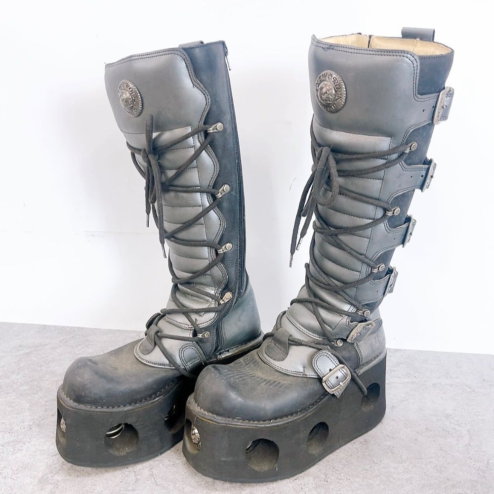 Newrock ロングブーツ H-1078 NEW ROCK ロングブーツ 貴重 シルバー系×ブラック 中古 使用感