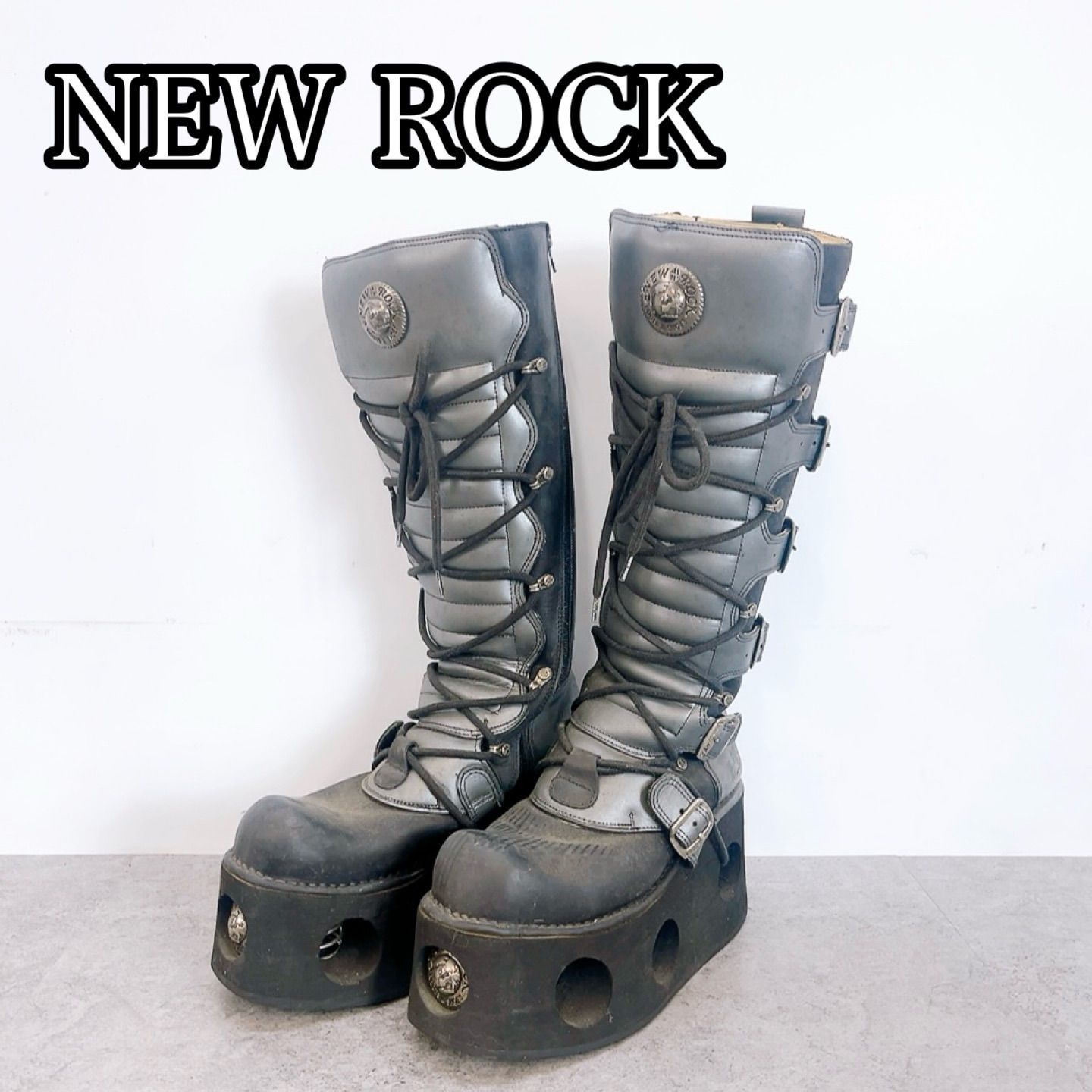 H-1078 NEW ROCK ロングブーツ　貴重　シルバー系×ブラック 中古 使用感あり 厚底 プラットフォーム レースアップ バックル y2k 00s ビンテージ 26cm メ