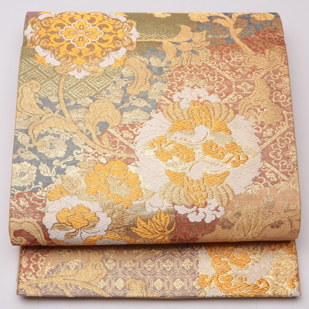 特価！袋帯 帯丈418cm 正絹 六通 フォーマル 蜀江 花菱 金系 1243-01310