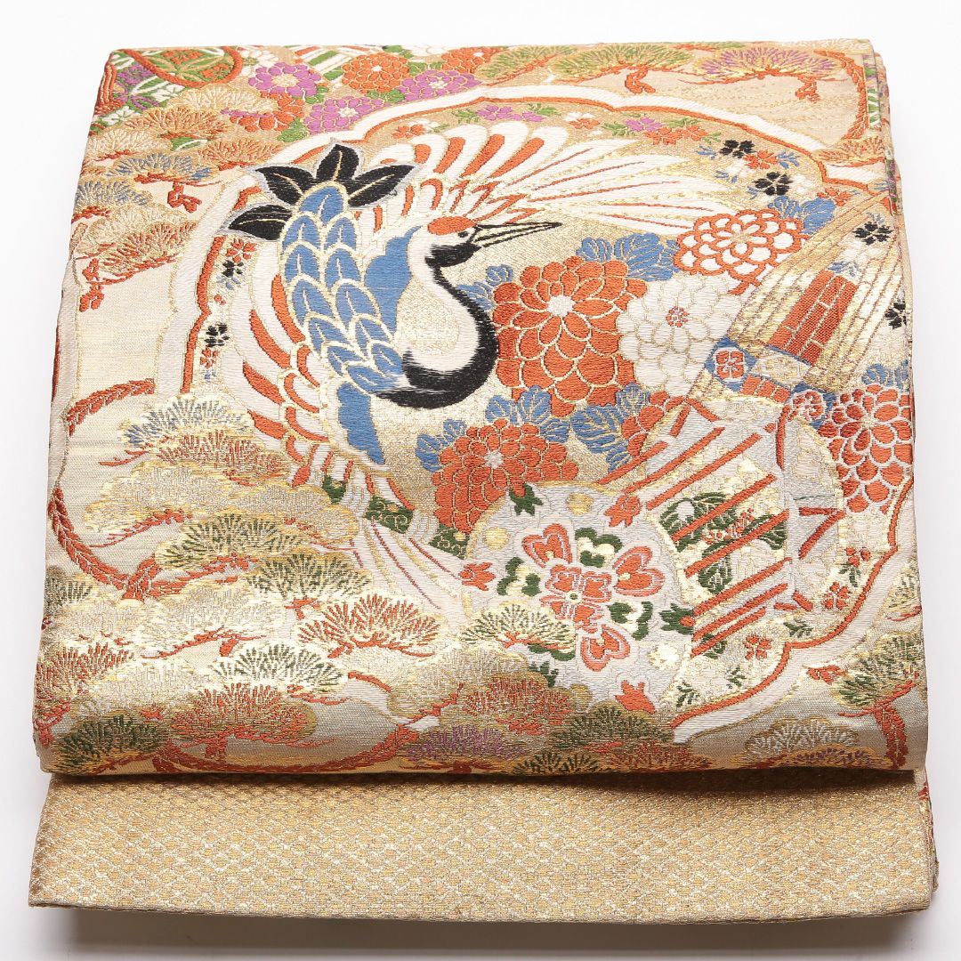 特価！アンティーク 丸帯 帯丈416cm 正絹 全通 鶴 松 金系 1242-01341